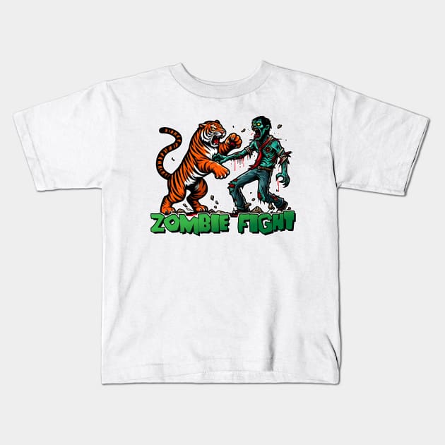 Tiger vs Zombie Fight Kids T-Shirt by Rawlifegraphic